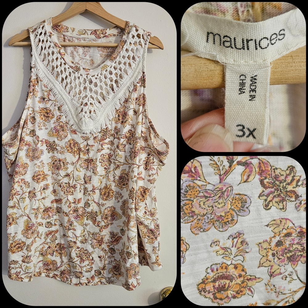 SIZE 3X MAURICES Floral Crochet Tank Top - Cream and Brown (B61)
